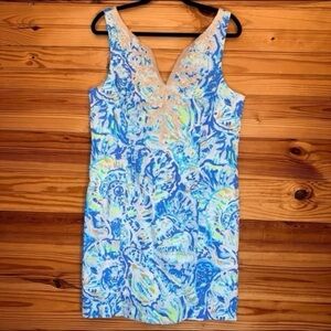 Lilly Pulitzer Gabby Shift Dress in Bennett blue salty seas sequin beaded 14